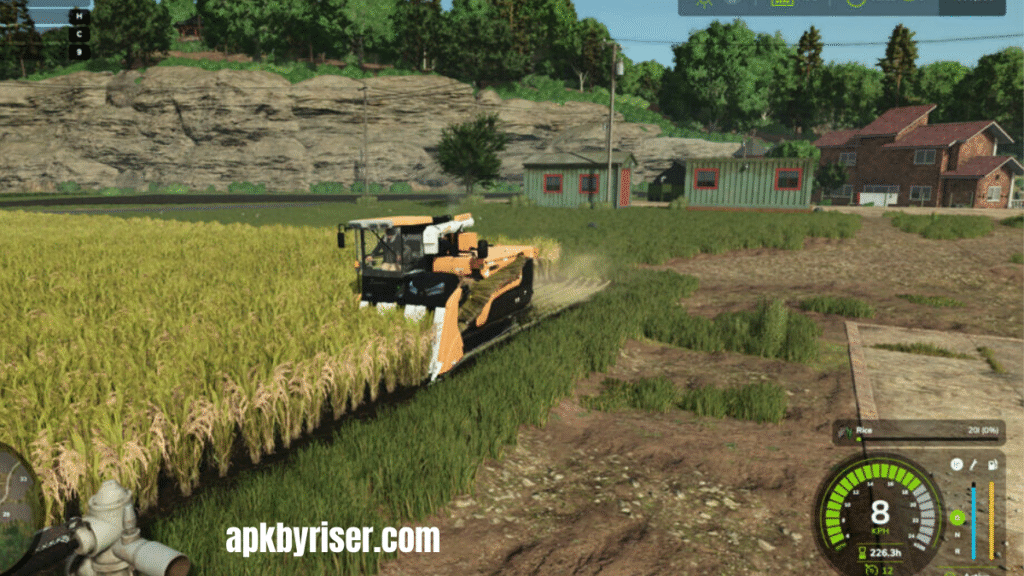 A modern farming machine cutting grass in Farming Sim 25 with realistic graphics and lighting effects.