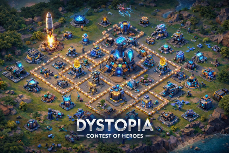 Dystopia Contest of Heroes MOD APK (Unlimited Money) Download 2026 2 Dystopia Contest of Heroes MOD APK - Base layout in a futuristic RTS strategy game