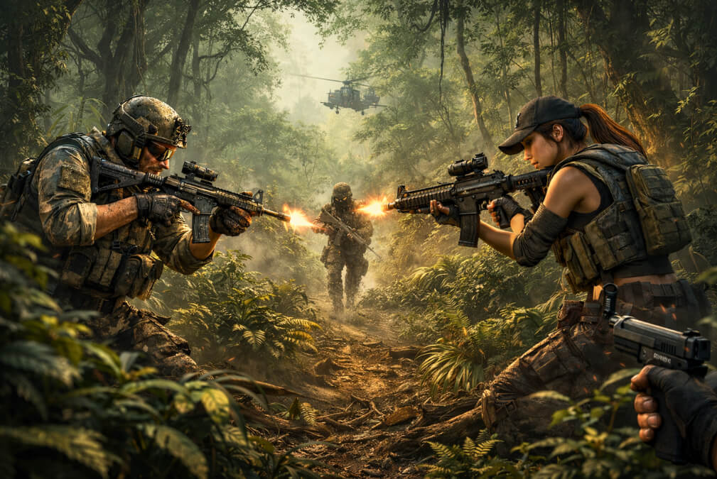 Cover Fire MOD APK jungle shooting gameplay with soldiers in forest battlefield