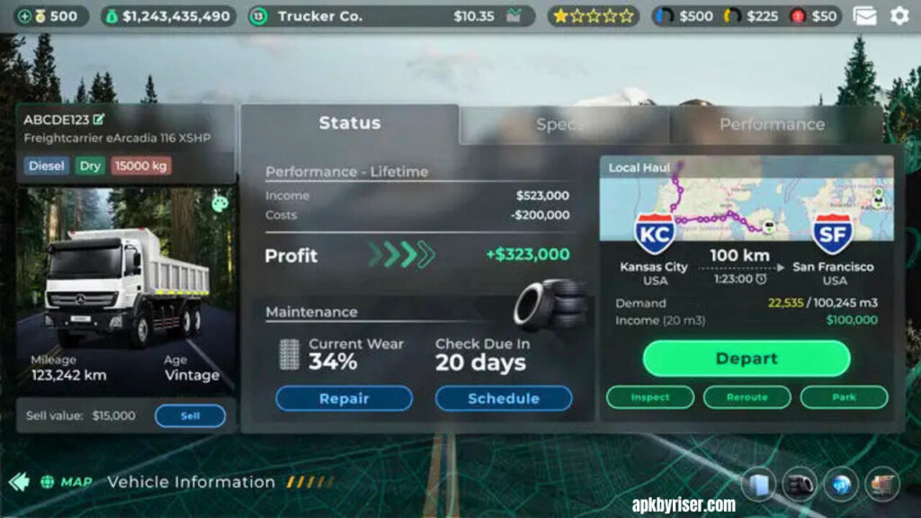 Truck Manager Online Simulation Game Check Vehicle Info in Route Planning - Truck Manager Free
